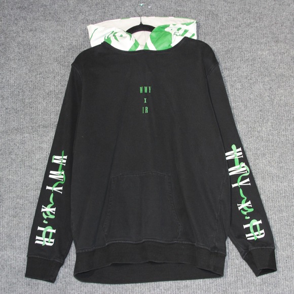 WordlWideYouth Black Hoodie Mens L Green Trim Rabbit Umbrella Graphic Pullover - Picture 1 of 7